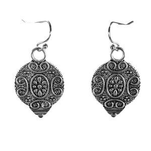 Tibetan Influenced Design Antique-Style Silvertone Dangling Earrings 1.5" L